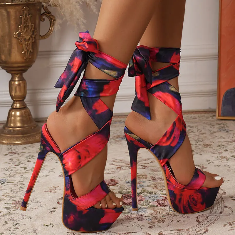 

2025 New Fashion Catwalk Holiday Strappy Women's Sandals Platform 16cm High Heels Ankle Strap Peep Toe Red Color Dress Shoes New