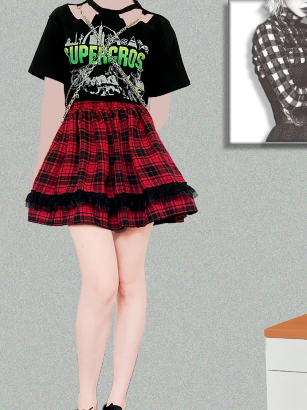 

High Waist Punk Sexy Girl Skirt Bla White Gingham Lace Puffy f Skirt Red Plaid A-Line Skirt Commute Art Sle ...