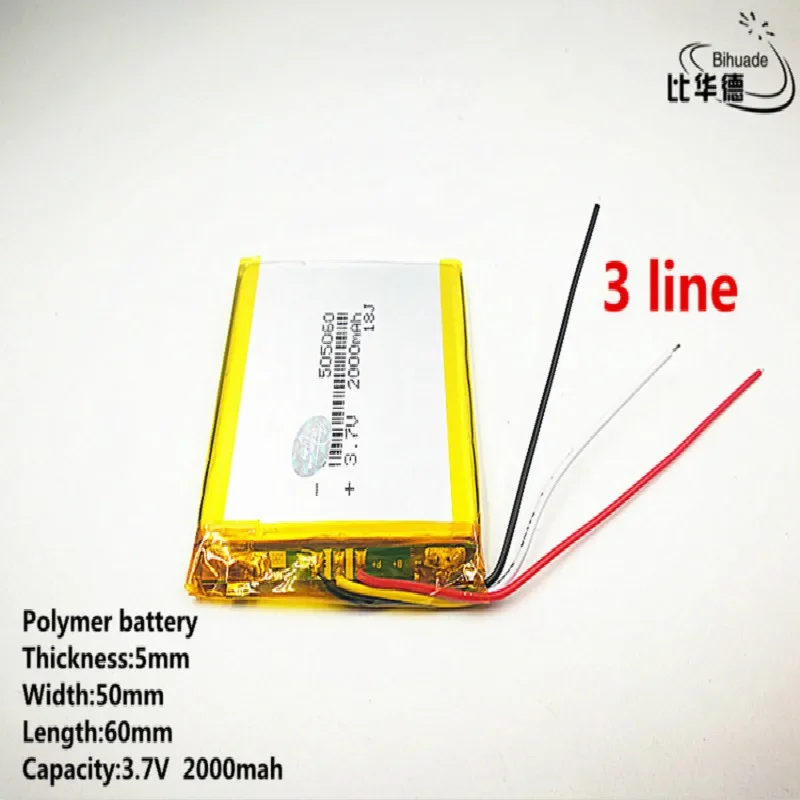 10pcs/lot 3 line Good Qulity 3.7V,2000mAH,505060 Polymer lithium ion / Li-ion battery for TOY,POWER BANK,GPS,mp3,mp4