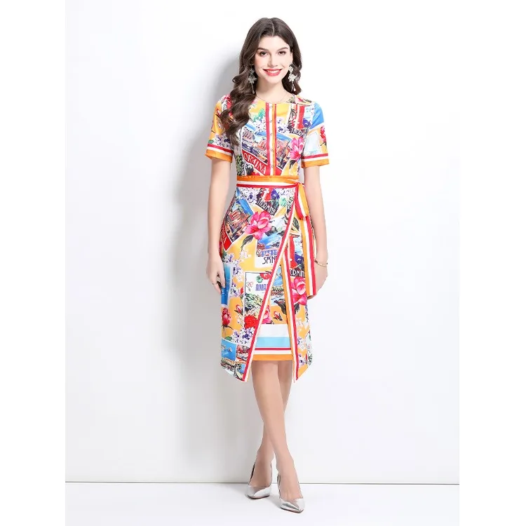 Summer Vaion NewETA 2025 ort Painted Oils Sle Dr Chic Lady Print High Waist Skirt Polyester Fiber ort Sve Dr