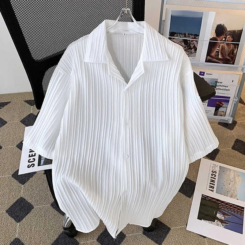 

Loose Men's ort Sve irt Summer Youth Faion Pure Color Texture Simple Couple Matching Stripe irt Cuban Collar