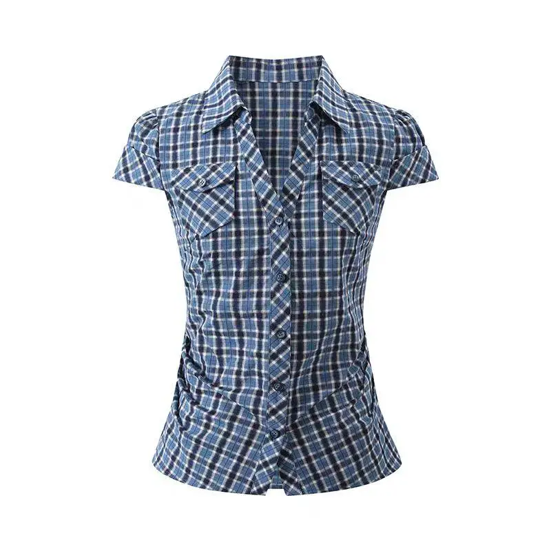 Seeslim Hotsweet bleu Plaid col rabattu chemise femme boutonné 2025 été hauts à manches courtes Blouse Vintage coréen Y2K
