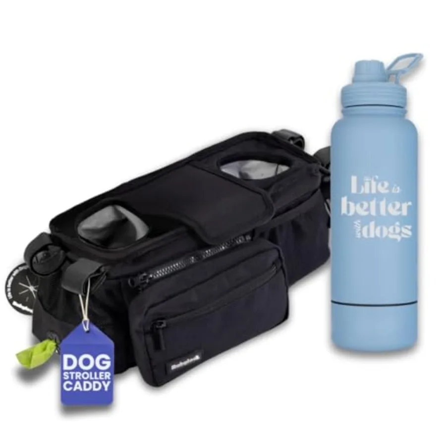 

Dog Stroller Caddy Organizer 32 oz Insulated Water Bottle with Attached 8 oz Bowl Life is Better with Dogs Stroller Organizer H