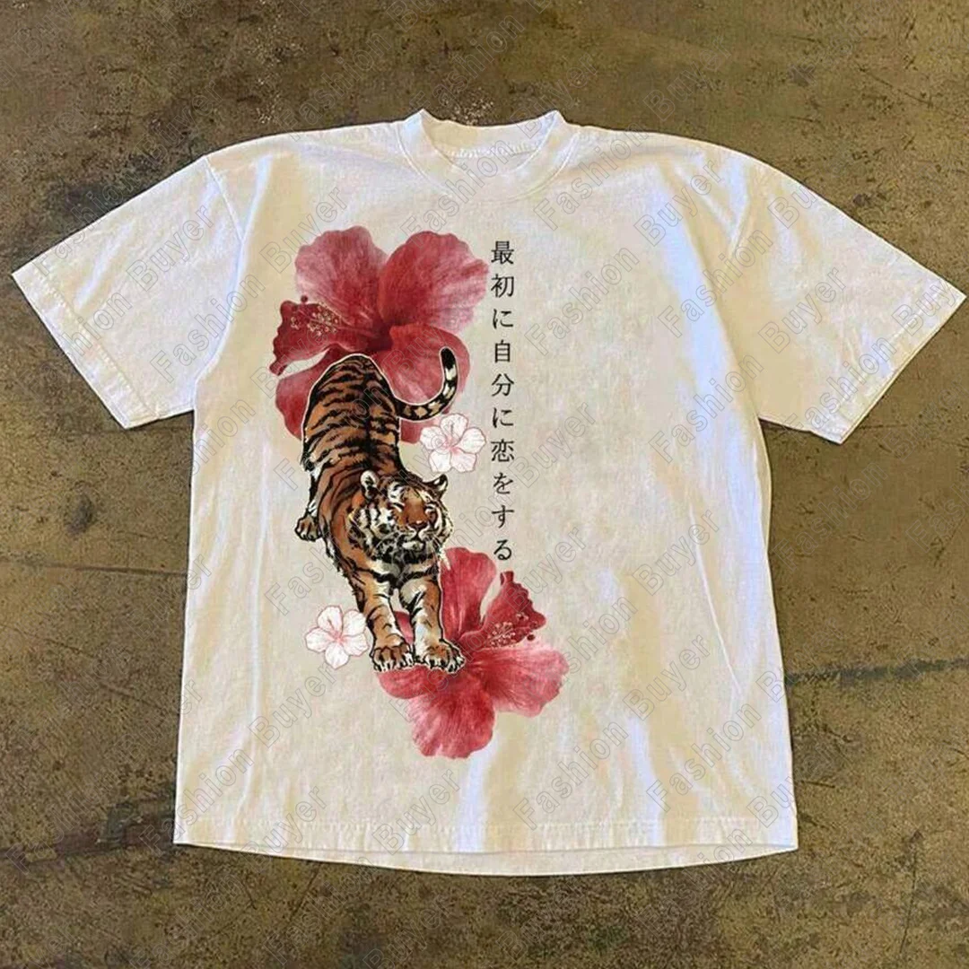 Chinese-style Y2K Style Vintage Tiger Print T-Shirt Unisex Crew Neck Short-sleeved Retro Street Y2K Casual Fashion Tops Clothing