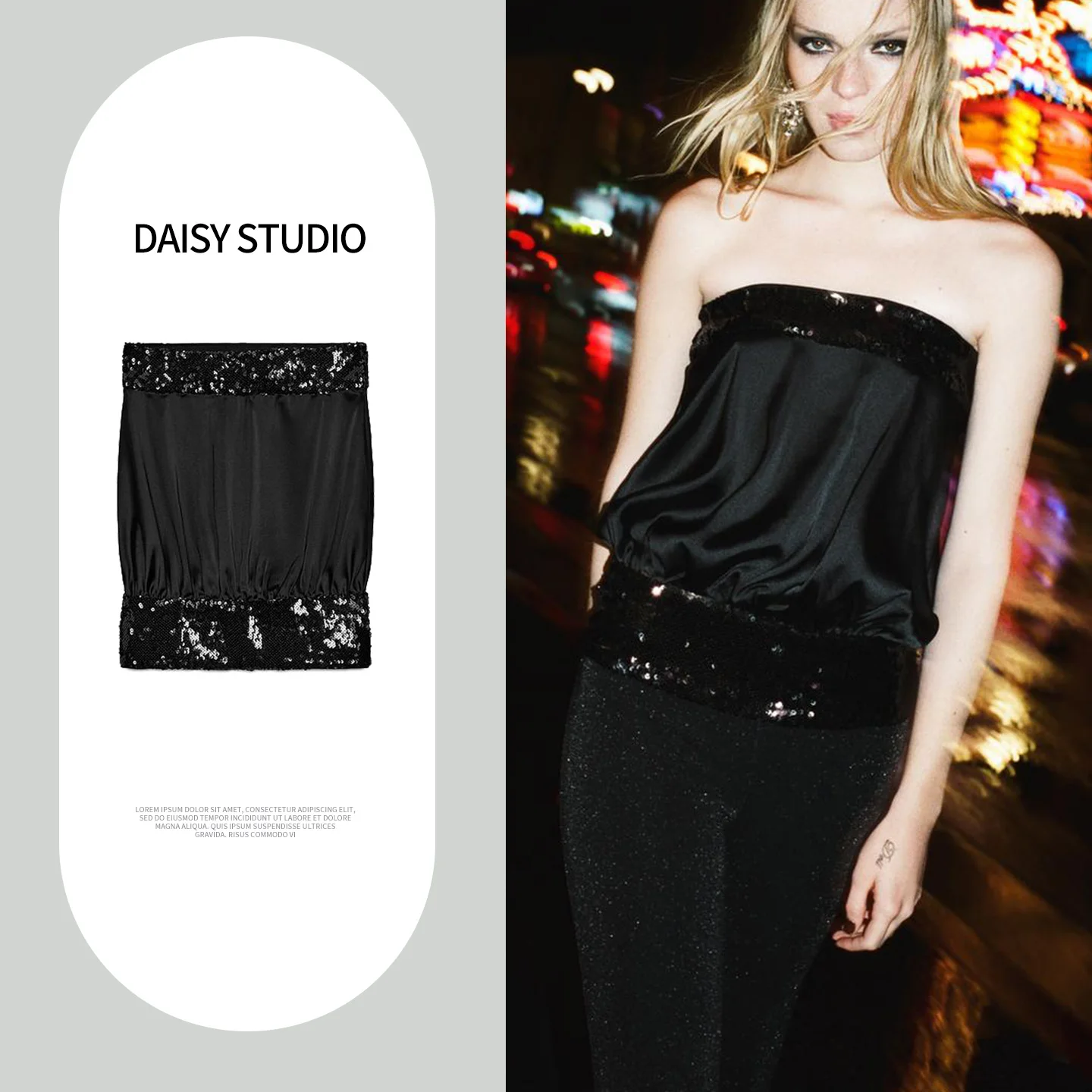 Winter New Women's Shoulder-baring Design Straight-neck Sequin Patchwork Tube Top Bright Thread Street Style Regular Length