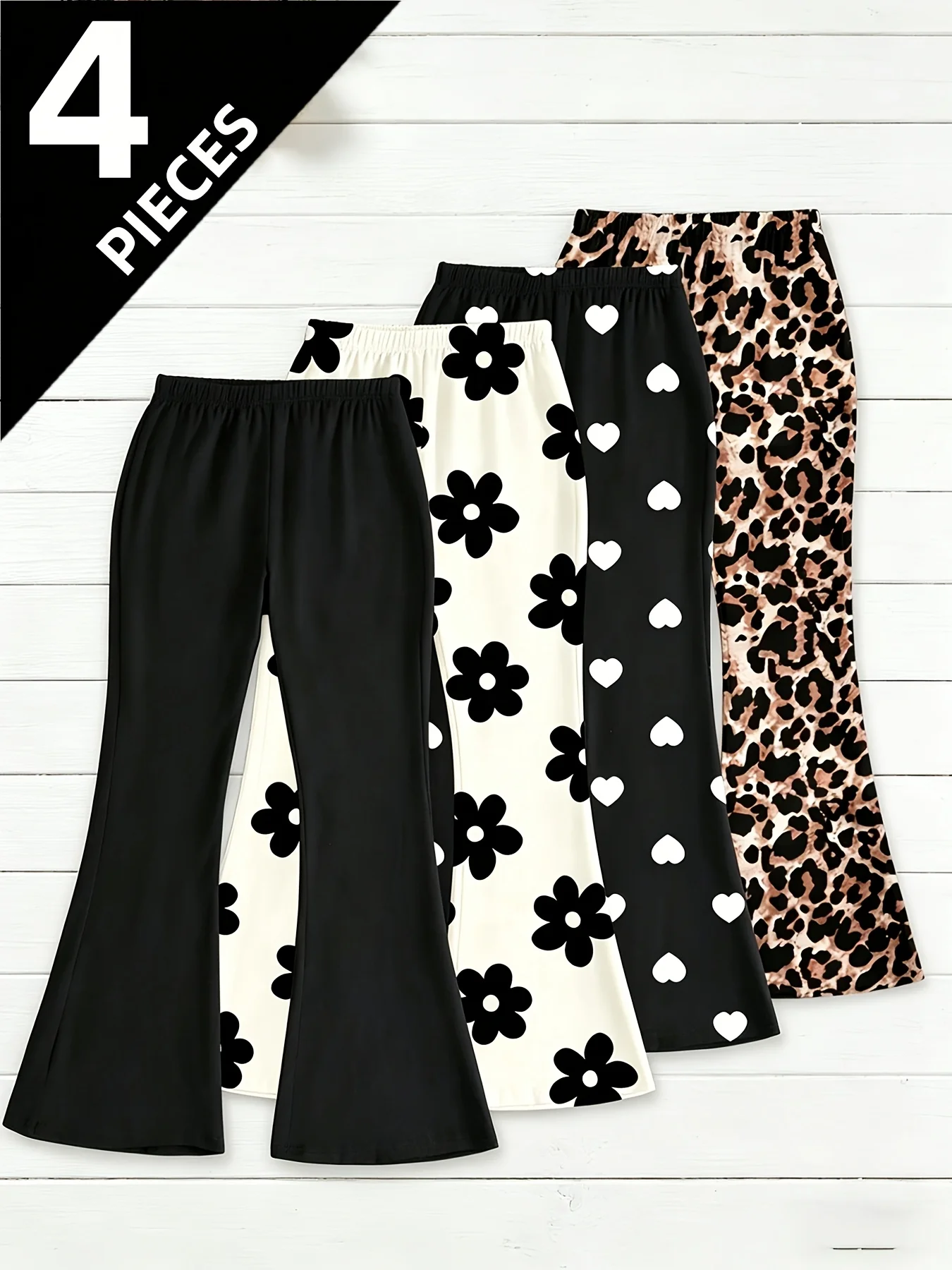 4er-Pack bedruckte Schlaghosen für Mädchen – Leopardenmuster / Herzen / Blumenmuster – Freizeithosen mit hoher Taille und elastischem Bund – Detail 2