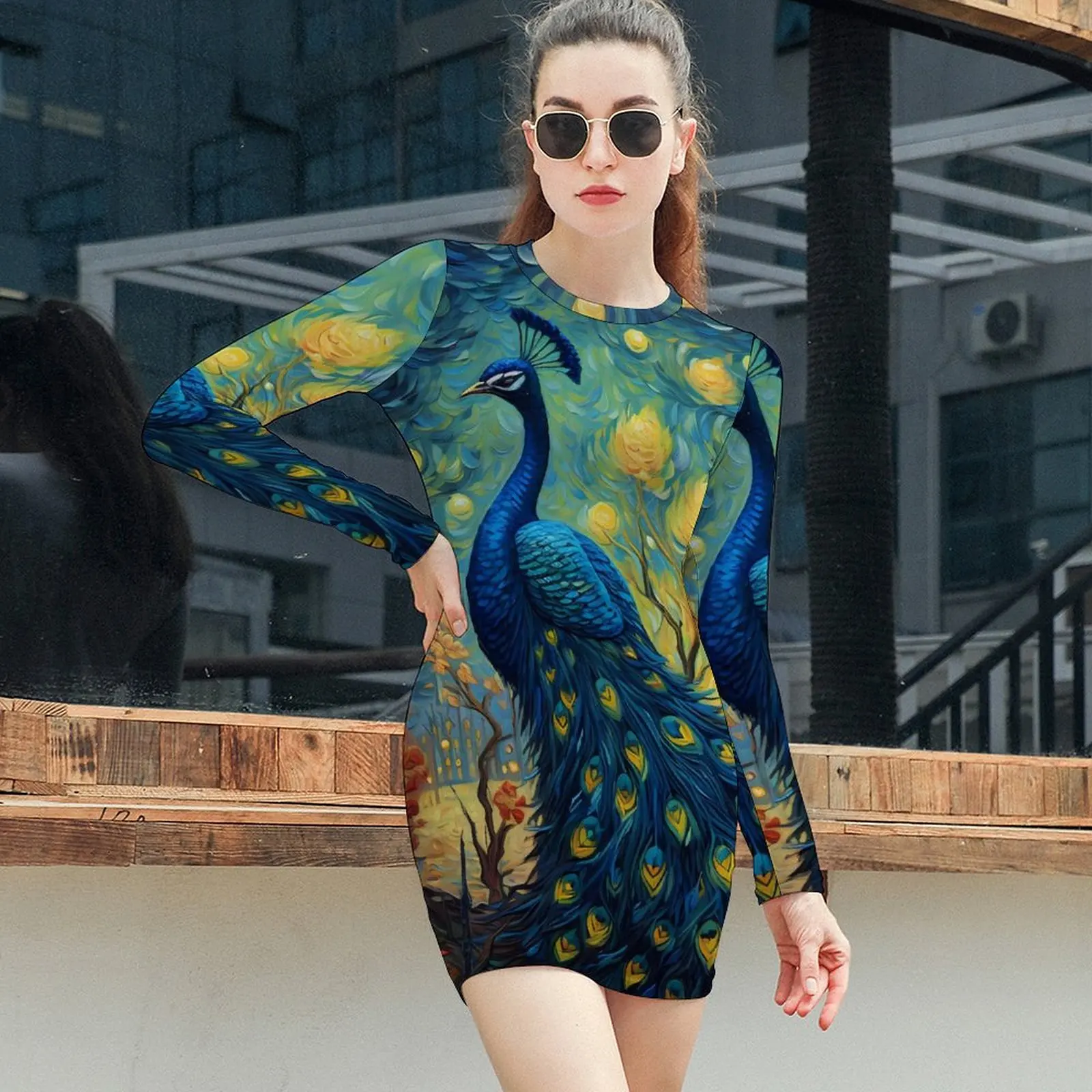 Fantasy Painting About Peacock Bodycon Dress Womens  Pretty Dresses Autumn Long Sleeve Streetwear Custom Dress Big Size 2XL