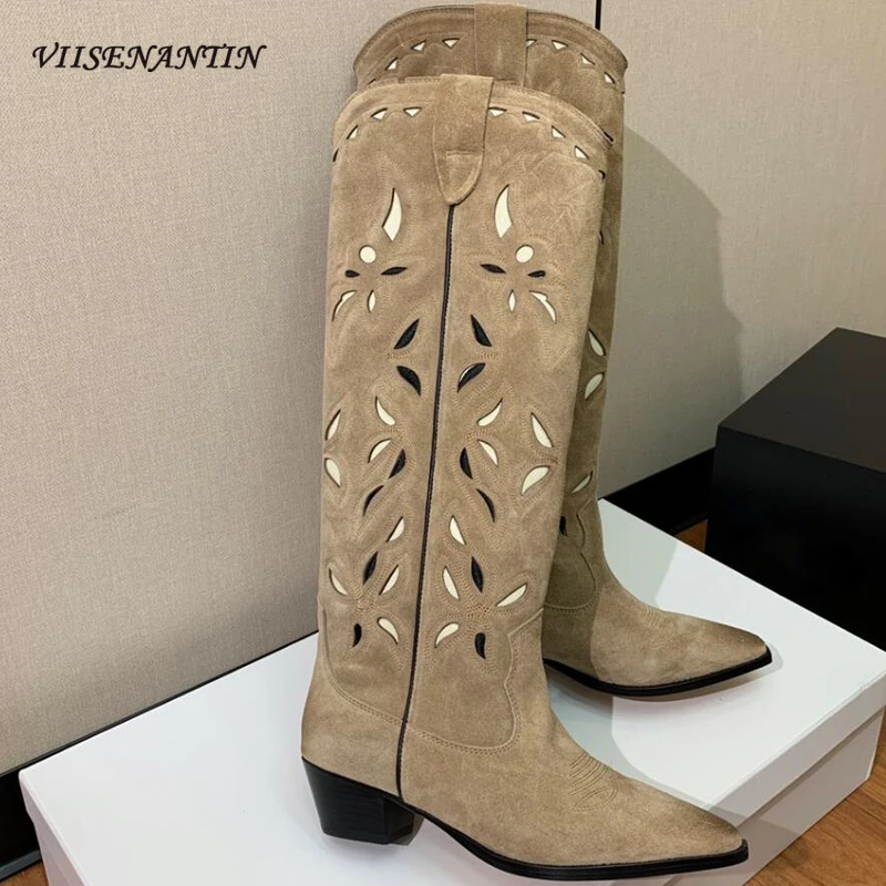 

Vintage Embroidery Genuine Leather Knight Boot Women Pointed Toe Chunky Heel Knee High Boots Female Cowboy Cowgirl Chelsea Boots