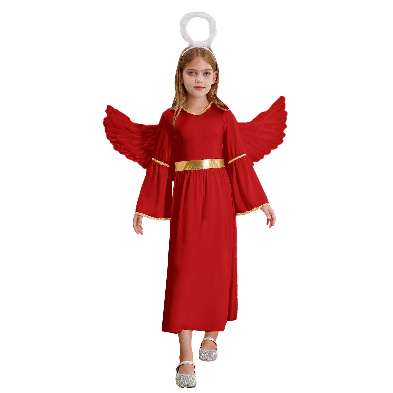 Kids Girls Cosplay Angel Dress Angel Gowns Gold Trim Patchwork Dress with Feather Angel Wings for Halloween Cosplay Performance