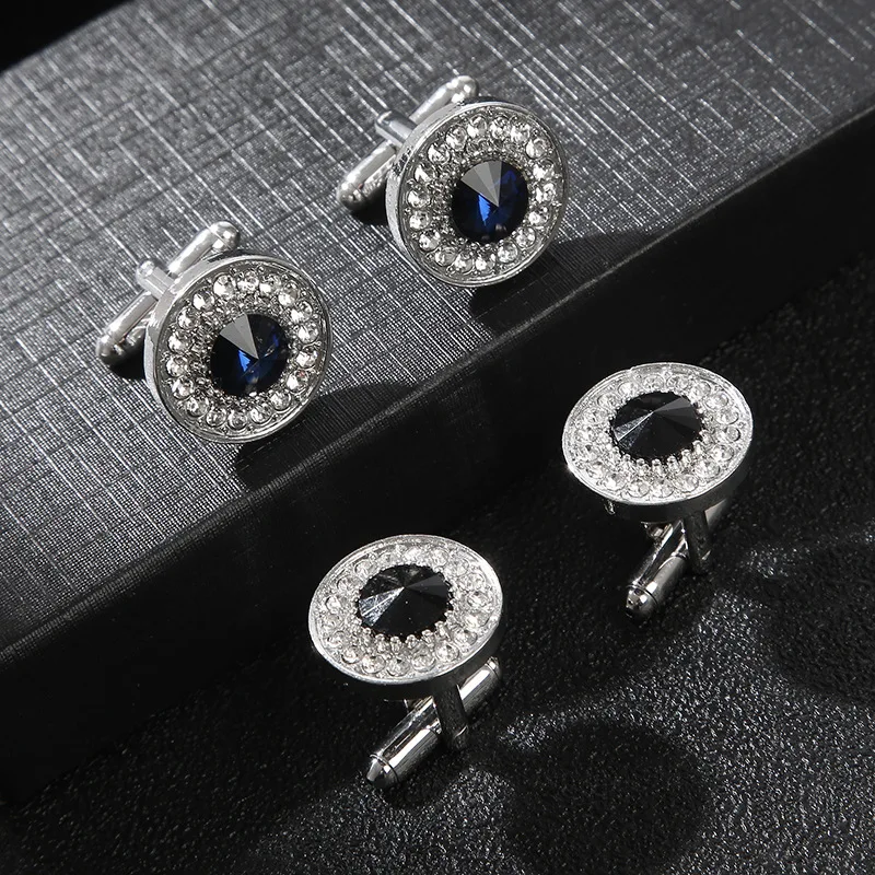 Shiny Black Blue Crystal Cufflinks for Men Business Suit Shirt Sleeve Button Wedding Formal Dress Cuff Link Best Gifts to Mens