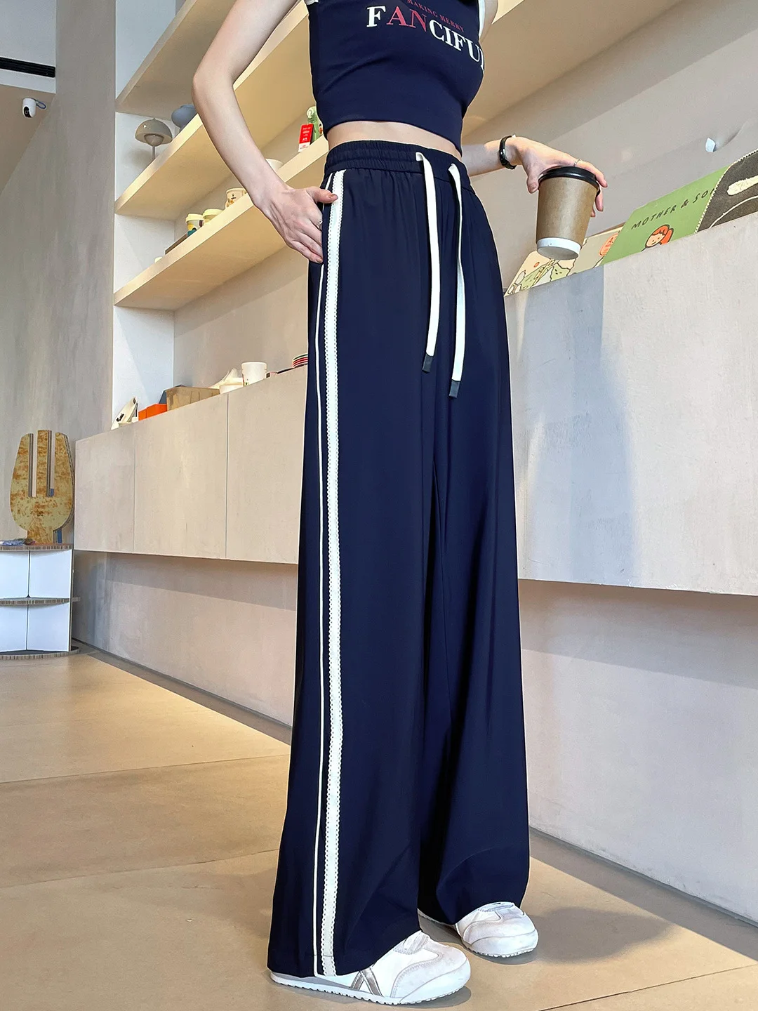 

Ice Silk Qui Dry Sport Pants Women Summer Thin High Waist Drape Vertical Stripes Cool Sun Protection Casual Pants