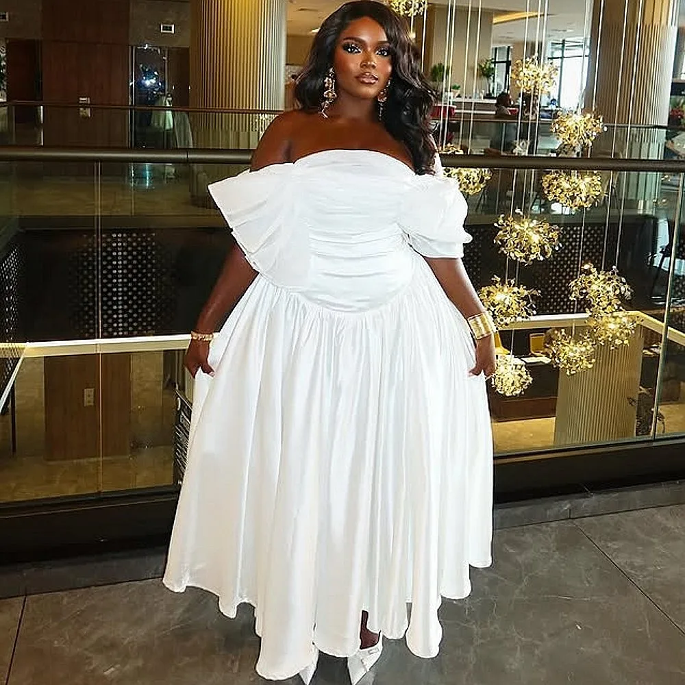 

Plus Size Elegant Evening Dresses Off The Shoulder A Line Draped Aso Ebi Prom Dress Satin Custom Made Formal Bridesmaid Gowns