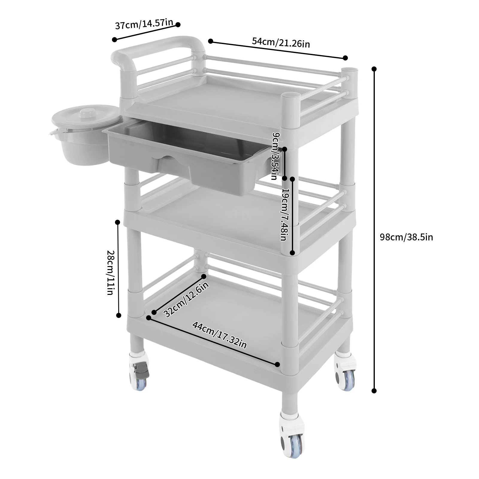 

3-tier Beauty Trolley Salon Trolley With Drawer And Waste Bin For Barber Shops, Beauty Shops, Pet Shops 54*37*98cm