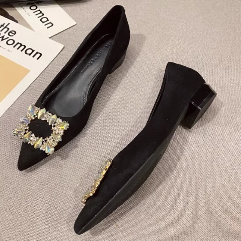 Chunky Heels Diamond with Crystals Ladies Pumps Pointed Toe Women's Shoes Block Heel Square Rhinestone Medium on Promotion Sale