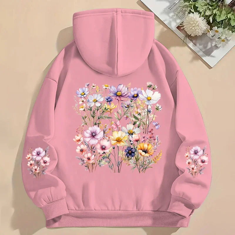 Boho Style Wild Flower Daisy Graphic Hoodie Women Long Sleeve Autumn Hooded Vintage Flower Trend Fashion Sweatshirts with Pocket