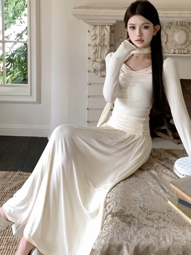 Elegant Slim Waist Female Knitted Long Dress Long Sleeve Swinging Collar Women A-line Clothing Casual Evening Prty Prom Robe