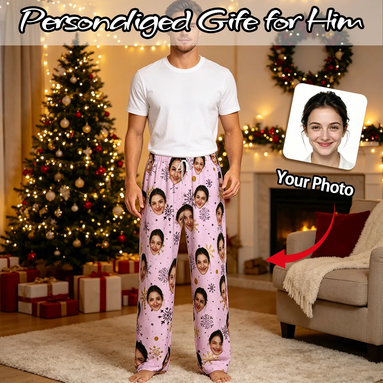 Customized Personalized Facial Photo Long Sleeved Warm Pajamas Sleeping Pants for Men And Women Fun Christmas Gift