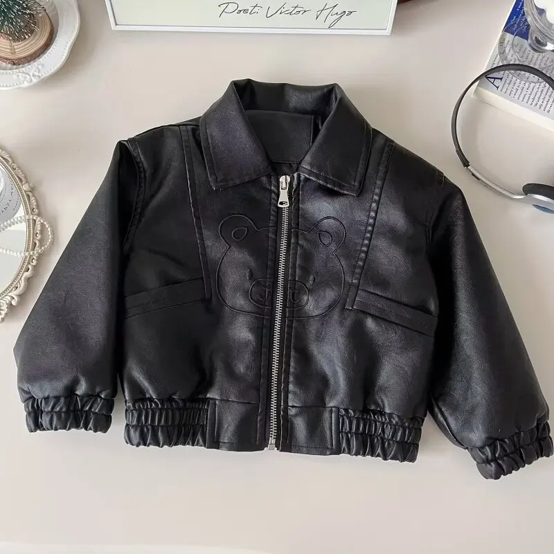 

Children's Leather Jacket 2024 Autumn Korean Casual Girl PU Leather Motorcycle Jacket Boy Jacket Top Kids Jacket
