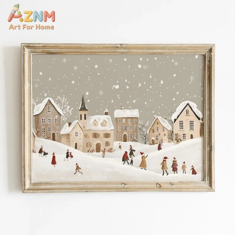 Cozy Winter Snowy Village Canvas Wall Art Christmas Town with Playing People Holiday Home Wall Print Unframed Canvas Poster