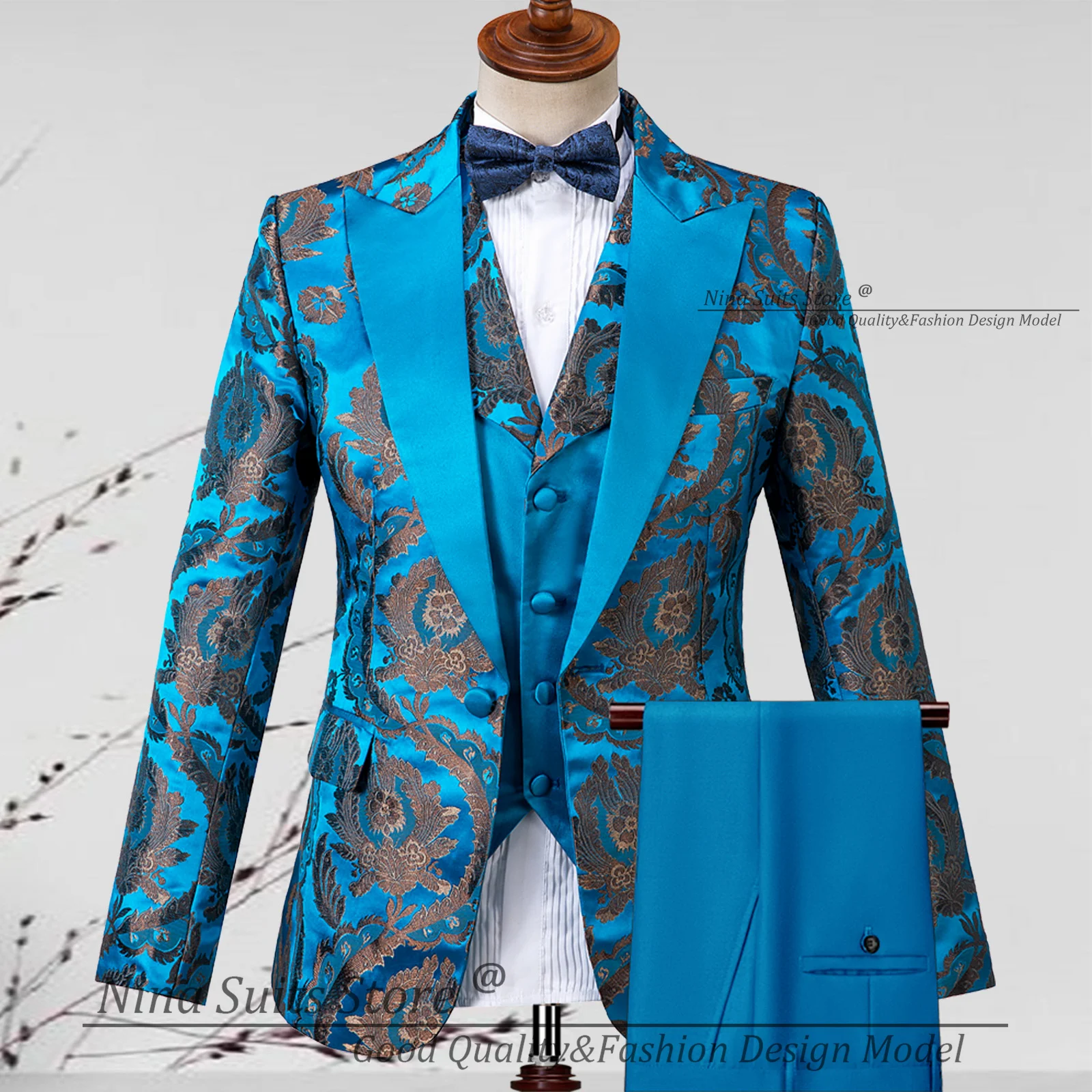 

G&N 2025 Роскошный мужской костюм с туманным золотом и цветочным принтом, синий мужской праздничный смокинг, комплект из 3 предметов, пиджак с лацканами на одной пуговице