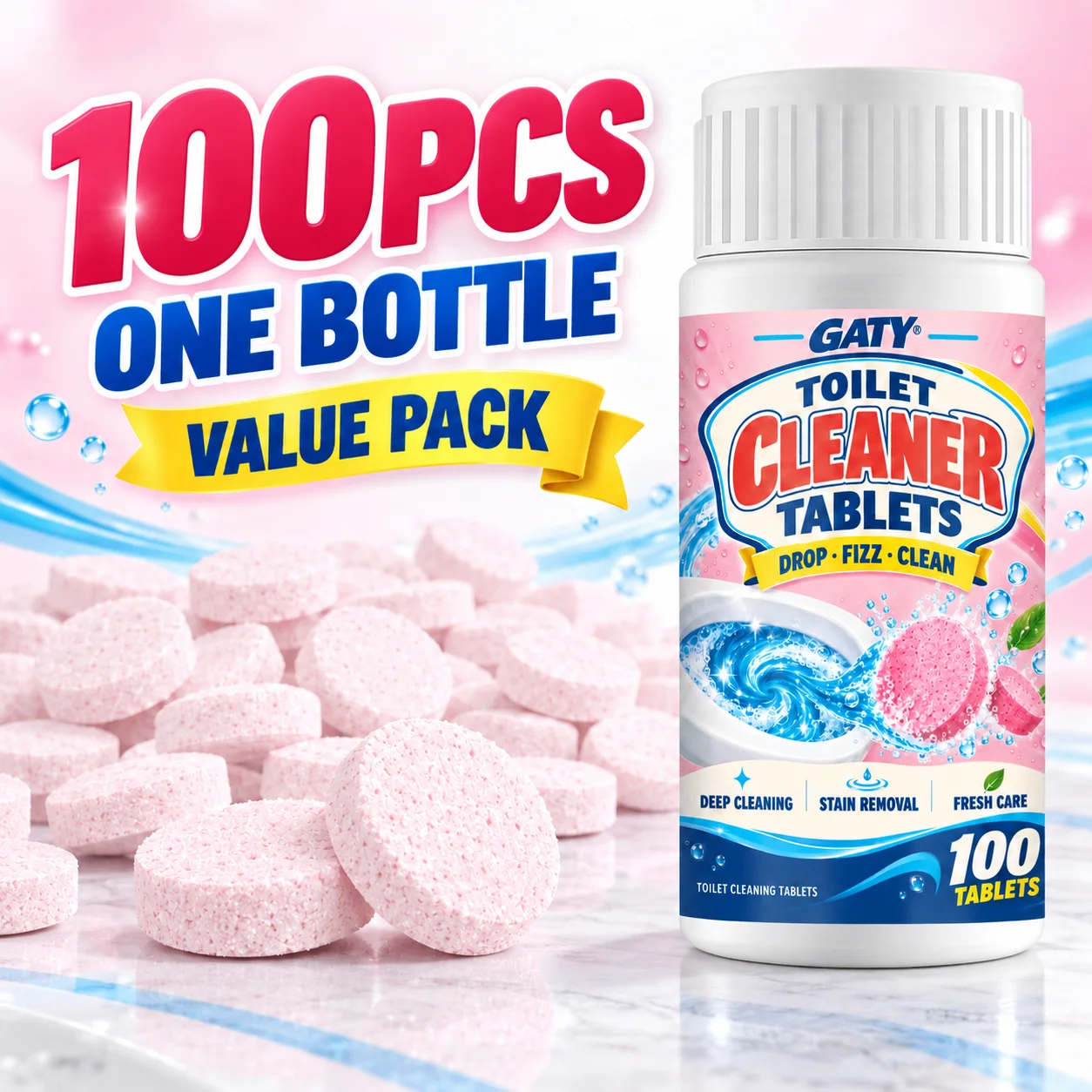 Toilettenreiniger in Form von Brausetabletten – sofort wirksam; löst Urinflecken und Kalkablagerungen; reinigt und neutralisiert Gerüche; für Toilettenbecken, Rand und Abfluss. – Detail 1