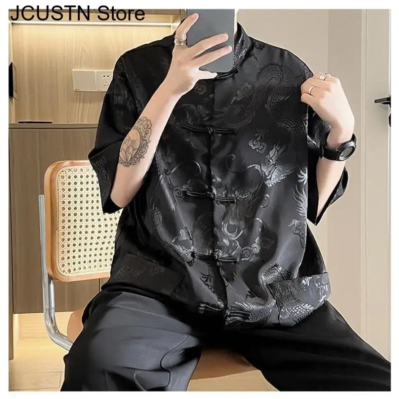

Ice Silk Tang Clothes Short Sleeve Hanfu Jacket Jacquard Dragon Qiapo Top Man Summer New Hanfu Shirt Big Size Costume Coat