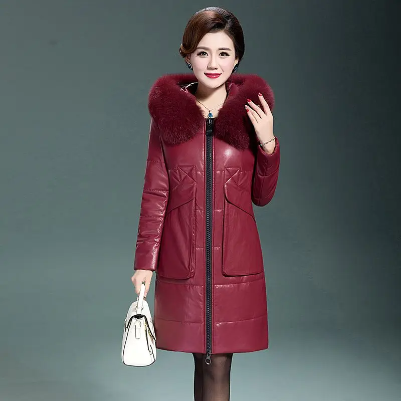 2023 Winter New Women Leather Top Mid Length Version Thickened Extra Large-Size Outwear Big Fur Collar Hooded warm Outcoat