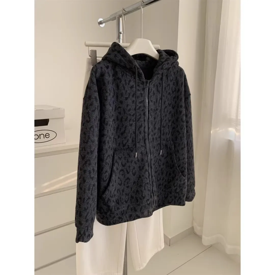 

Men's Thiened Fce Hooded Zipper Sweatirt Leopard Print Casual Outerwear Warm Polyester Fiber Large Size Autumn Winter