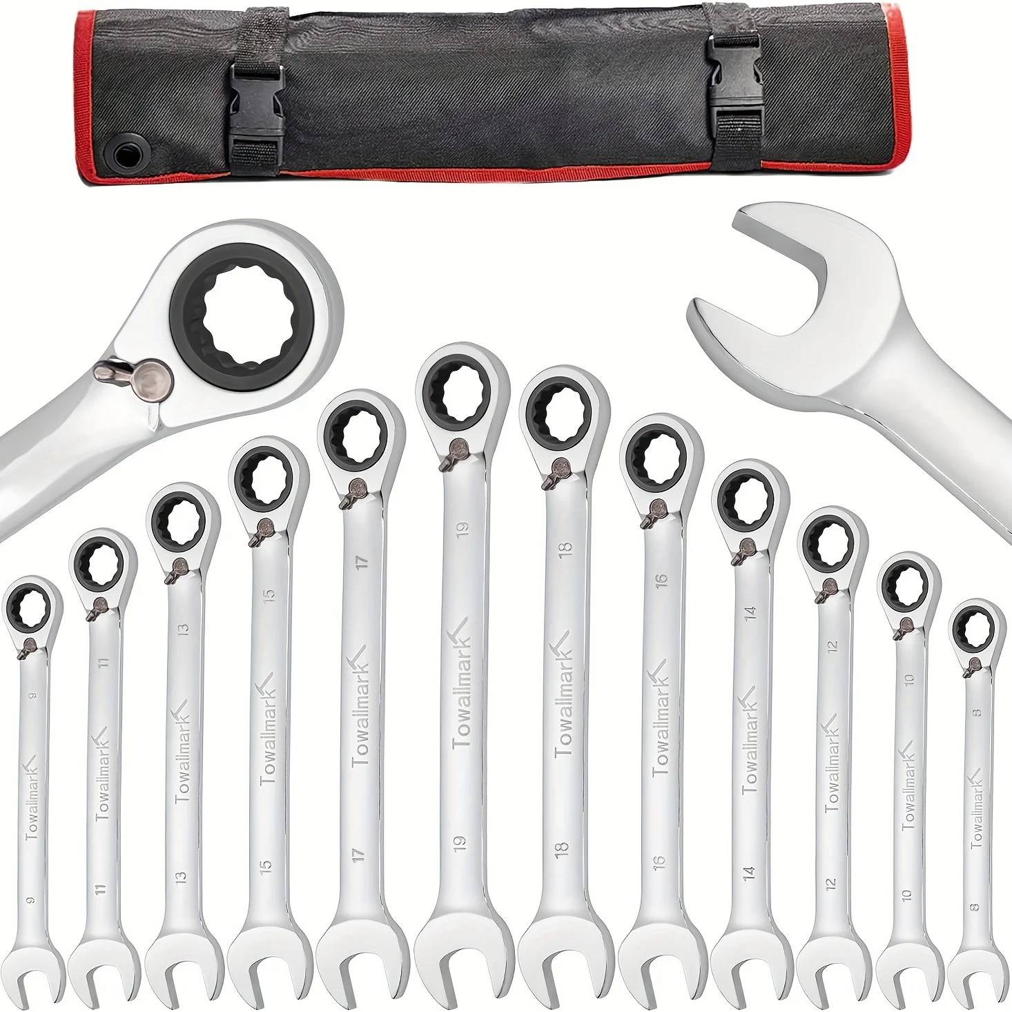 12Pcs Wrench Set Reversible Ratcheting Combination Set Metric 8mm-19mm 72 Teeth Cr-V Steel Ratchet Wrenches Set with Storage Bag