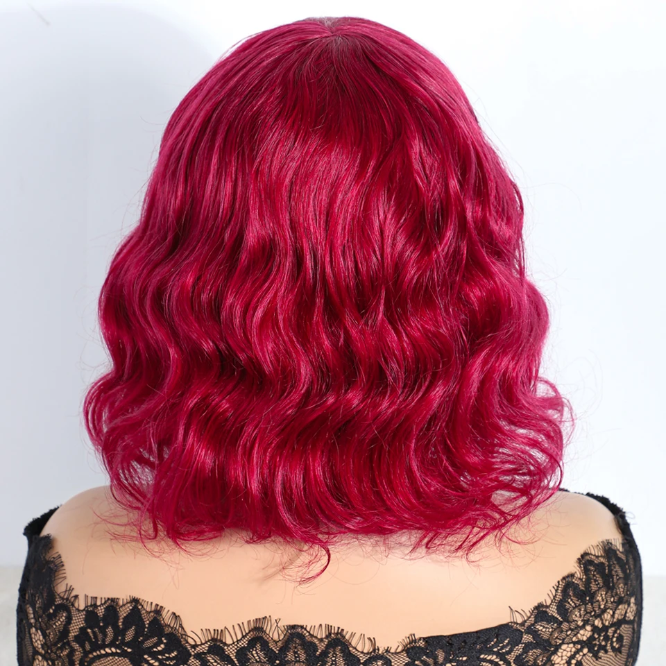 Lekker vermelho curto onda profunda encaracolado bob 100% perucas de cabelo humano com franja para mulheres cabelo remy brasileiro colorido 12 "perucas cosplay