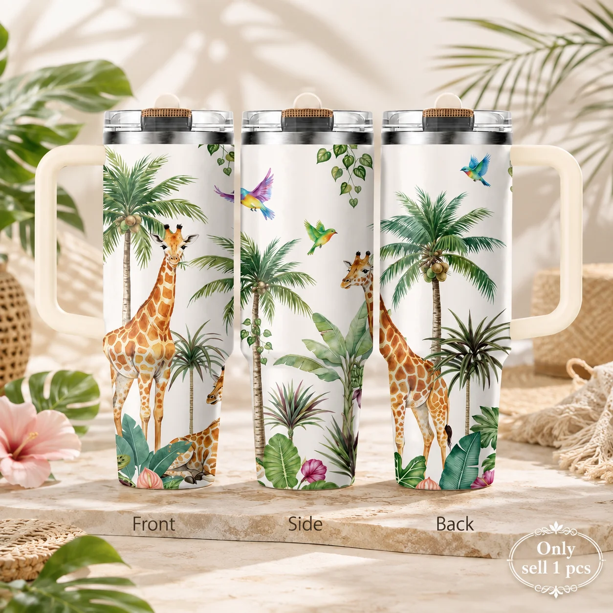 Tropical Giraffe Family Jungle Vacuum Flasks 40oz 3rd Gen Vacuum Insulated Stainless Steel Tumbler Cup With Handle Straw Lid