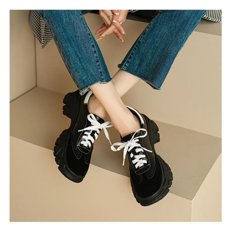 Round head matching color lace-up women's single shoes 2024 autumn new sports and leisure trend thick soled Shoes for women