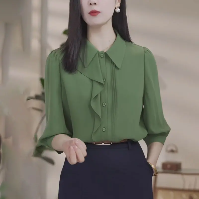 

Green Short Sleeve Shirt Women Summer Fashion Flounce Design Slim Fit Polo Collar Top