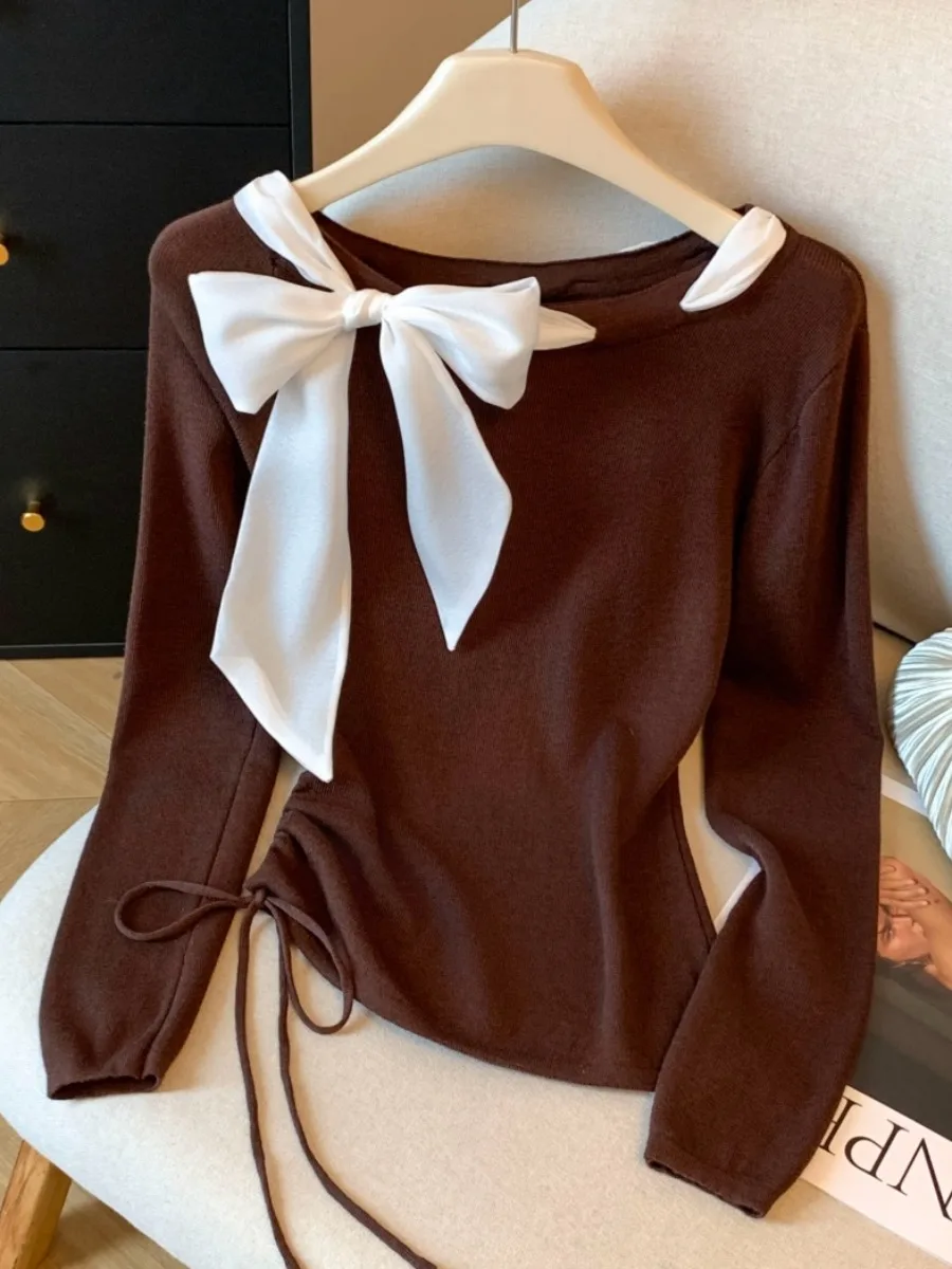 

Knot Tied Long Sve Knitted Bow Women's Slim Fit Top Dstring Waist Design Early Autumn Faion Sense irt