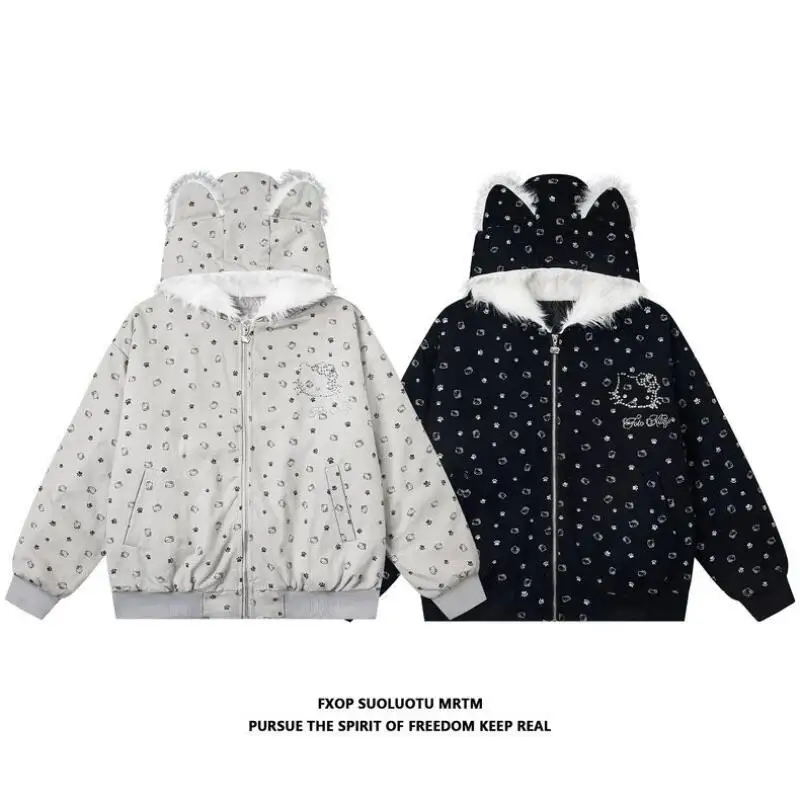 

Зимняя куртка Sanrio Hello Kitty из хлопка, новая коллекция 2026, для девочек, повседневная, с капюшоном, теплая, свободного кроя, праздничный подарок