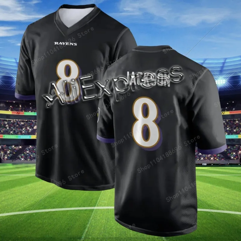 Men's Short Sleeve Ravens #8 Lamar Jackson #22 Derrick Henry Rugby Jersey 3D Printed Breathable Comfort V-Neck Short Sleeve