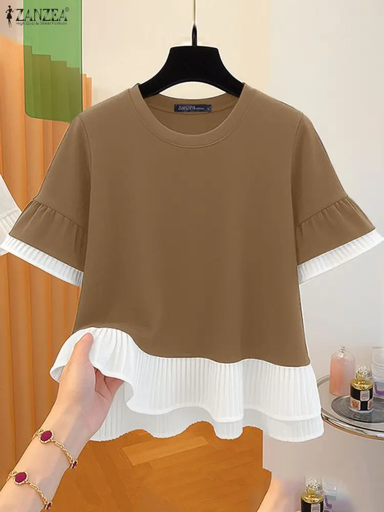 ZANZEA-camisetas de retazos con ribete plisado de Color contrastante para mujer, camisetas informales de manga corta con cuello redondo, camisetas negras en 3 colores, ropa de verano