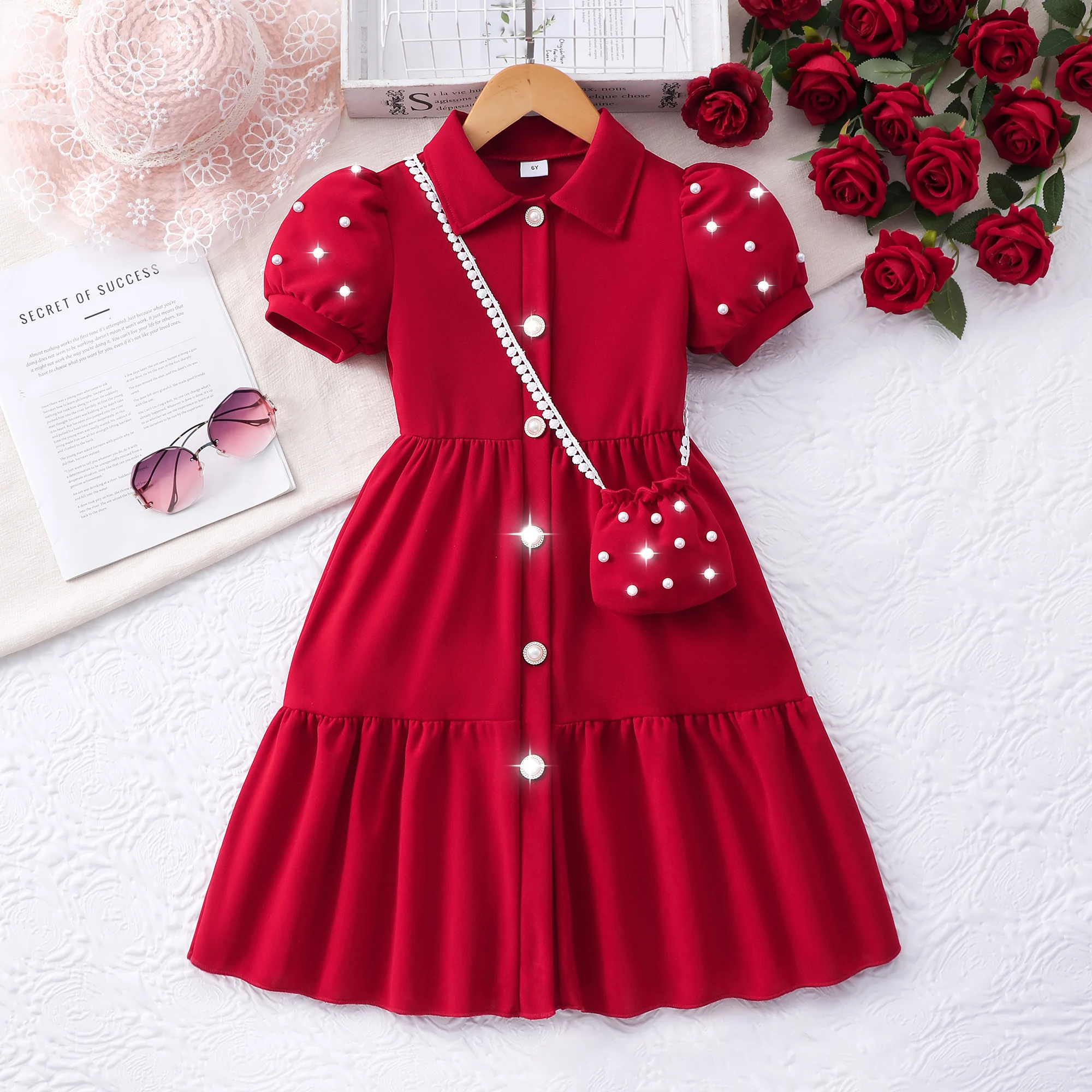 4-7 Years Girls Red Holiday Dress - Full Button Easy On/Off + Free Crossbody Bag Party & Celebration