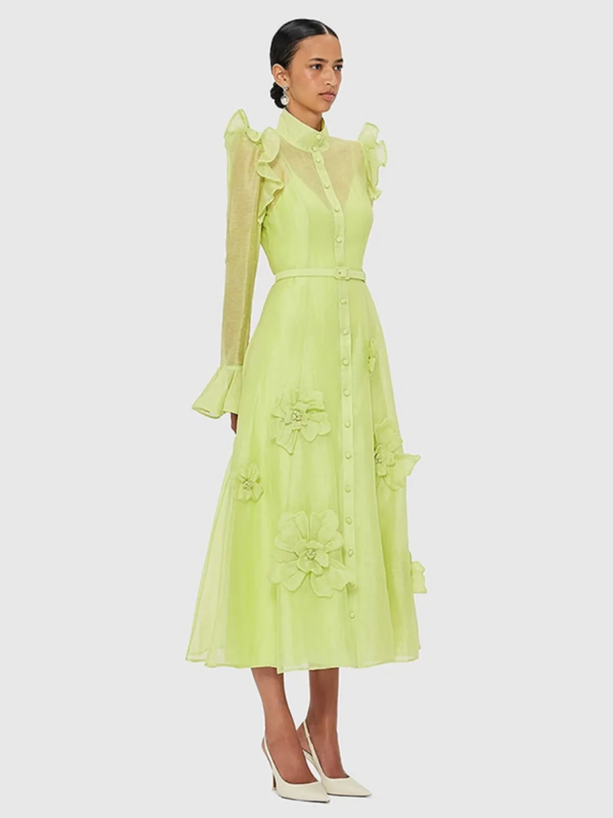 VGH Ele Long Sve Dr com Sves Alargadas e Decoração Branca em Camadas Vintage Court Sle een Dr