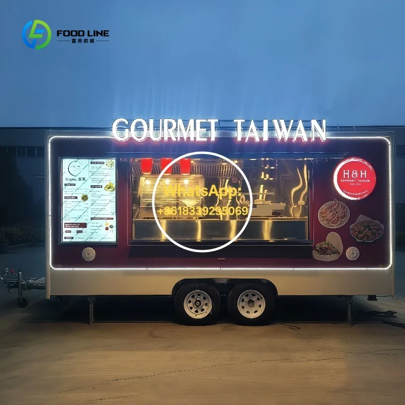 Remolque de camión de comida, cocina móvil con 4 ruedas para comida rápida, comida caliente, helado, hamburguesa, merienda en venta con equipo completo