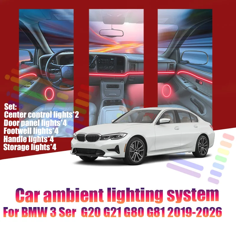 

Для BMW 3 серии G20 G21 G81 2019-2026: Светодиодные атмосферные лампы, цветная подсветка салона, неоновая лента, 64 RGB-цвета
