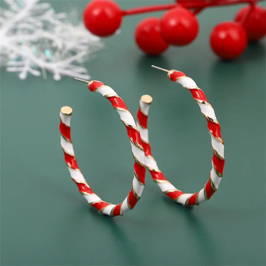 1 Pair Cute Circle Candy Cane Alloy Earrings Christmas Nordic Style Red Color Santa Jewelry Accessories