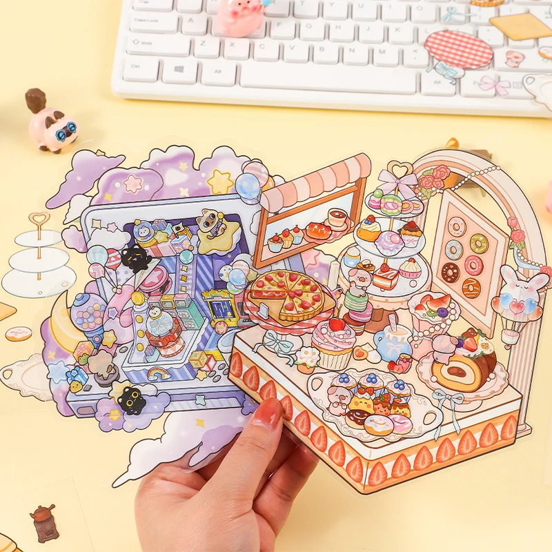Kawaii 3d cena em miniatura paisagem adesivos dos desenhos animados bolso casa visual empilhamento diy bonito adesivos presentes do festival das crianças