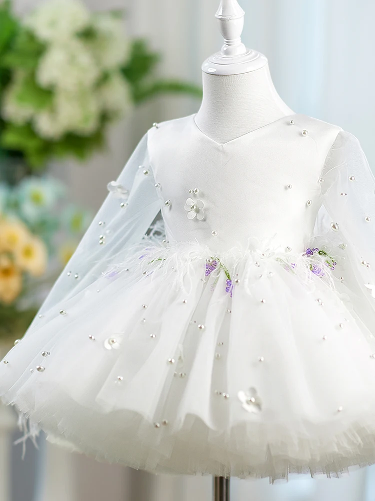 Gaun Putri Bayi Gaun Satin Mutiara Gaun Pesta Anak-Anak dengan Pita dan Jaring Lengan Panjang untuk Ulang Tahun