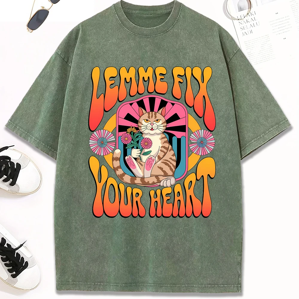 

Lemme Fly Your Heart Flower Cat Print Washed T Shirt Woman O-Neck Casual Short Sleeve Summer All-Match Streetwear Cotton Clothes