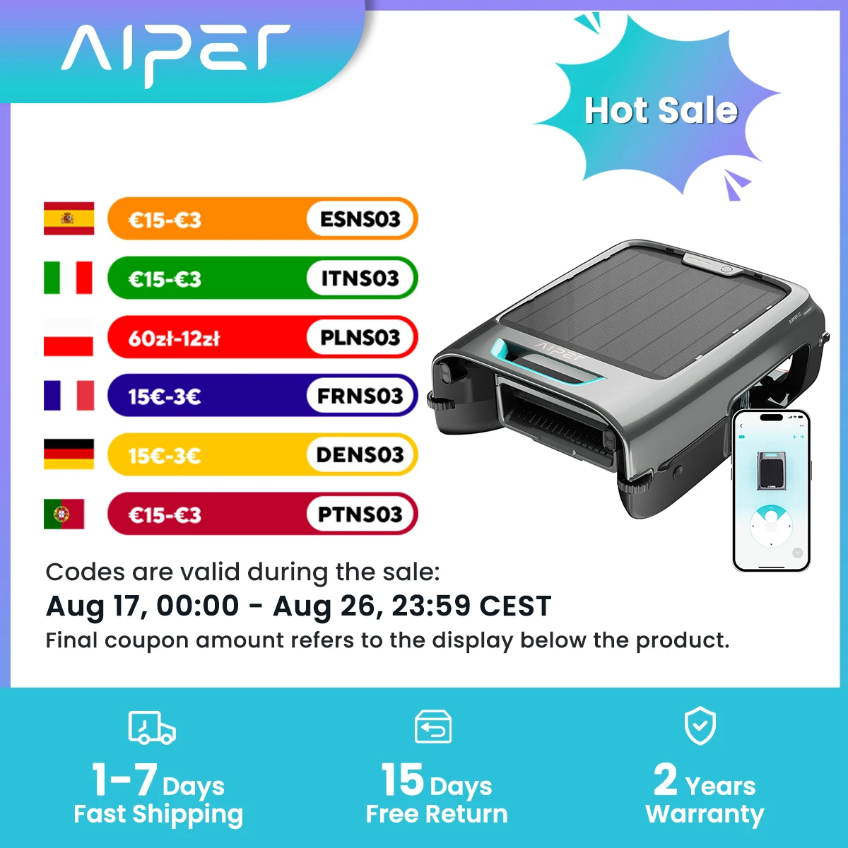 Robot Limpiafondos Solar EcoSurfer S2, Limpieza de Superficie 24/7, Filtro de 150 µm, Robot para Piscina con Batería y Control por Aplicación, Actualizaciones OTA, Detección Inteligente de Obstáculos