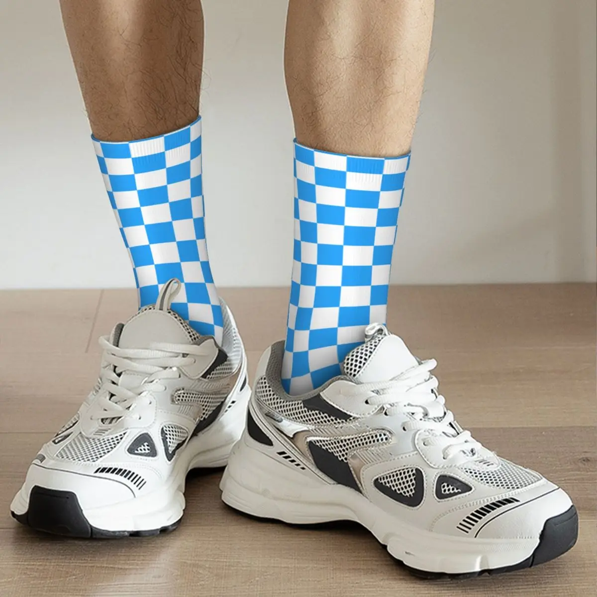 Fashion Men's Socks Casual Sky Blue And White Checkerboard Sock High Quality Women's Socks Spring Summer Autumn Winter