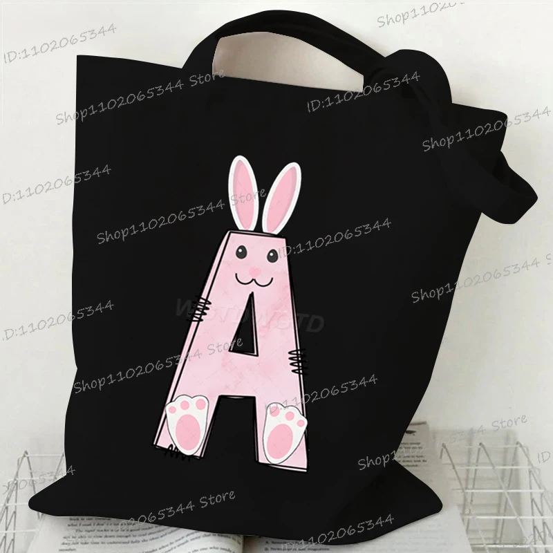 Pink Bunny Pattern Alphabet Canvas Shoulder Bag Y2K Cartoon Rabbit Print Tote Bags Funny Letter Series Student Women's Handbag