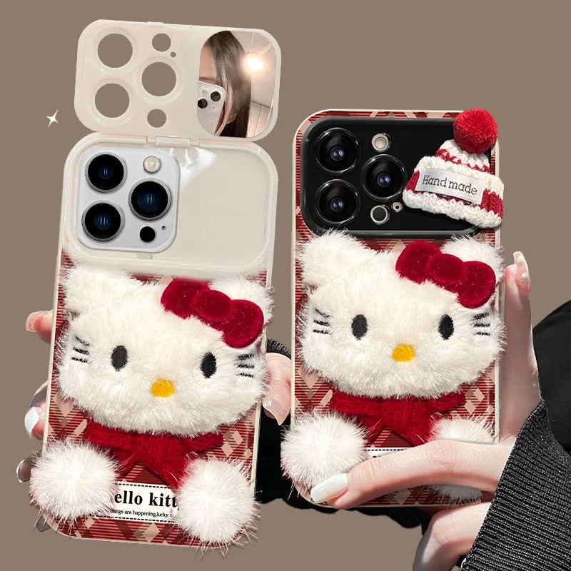 New Cartoon Hello Kitty Plush Toy Iphone Series Phone Case 16 15pro 14 13 12 11PROMax Autumn Winter Cute Silicone Girl Gifts