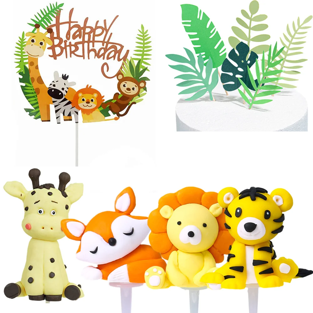 

6pcs/Pack Jungle Cake Toppers Set Child Birthday Cake Decoration Safari Animals Giraffe Lion Soft Clay Turtle Leaf Supplies